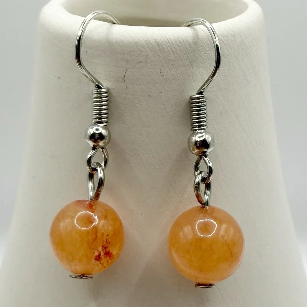 Orange Bead Dangle Earrings | Lightweight Round Drop Silver Hook